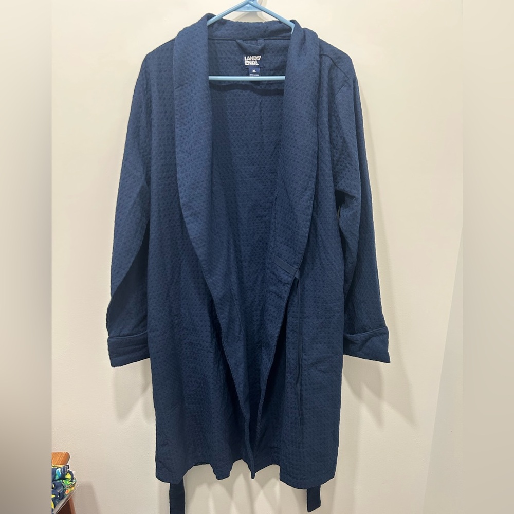 Land’s End Robe Women's XL Navy Waffle Resort Mid-Length Tie Front - Picture 2 of 8